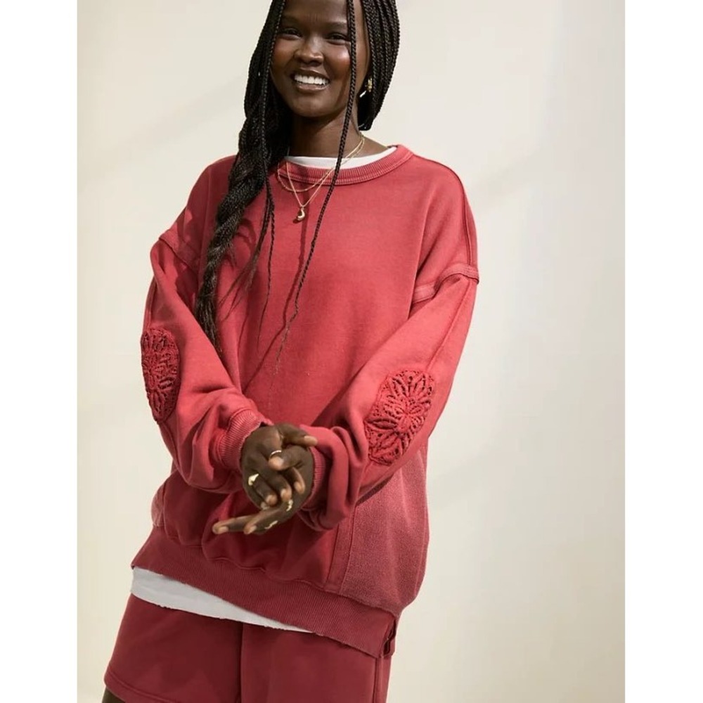 Aerie Oversized Crochet Elbow Patch Sweatshirt Faded Red XS/S Crewneck Pullover